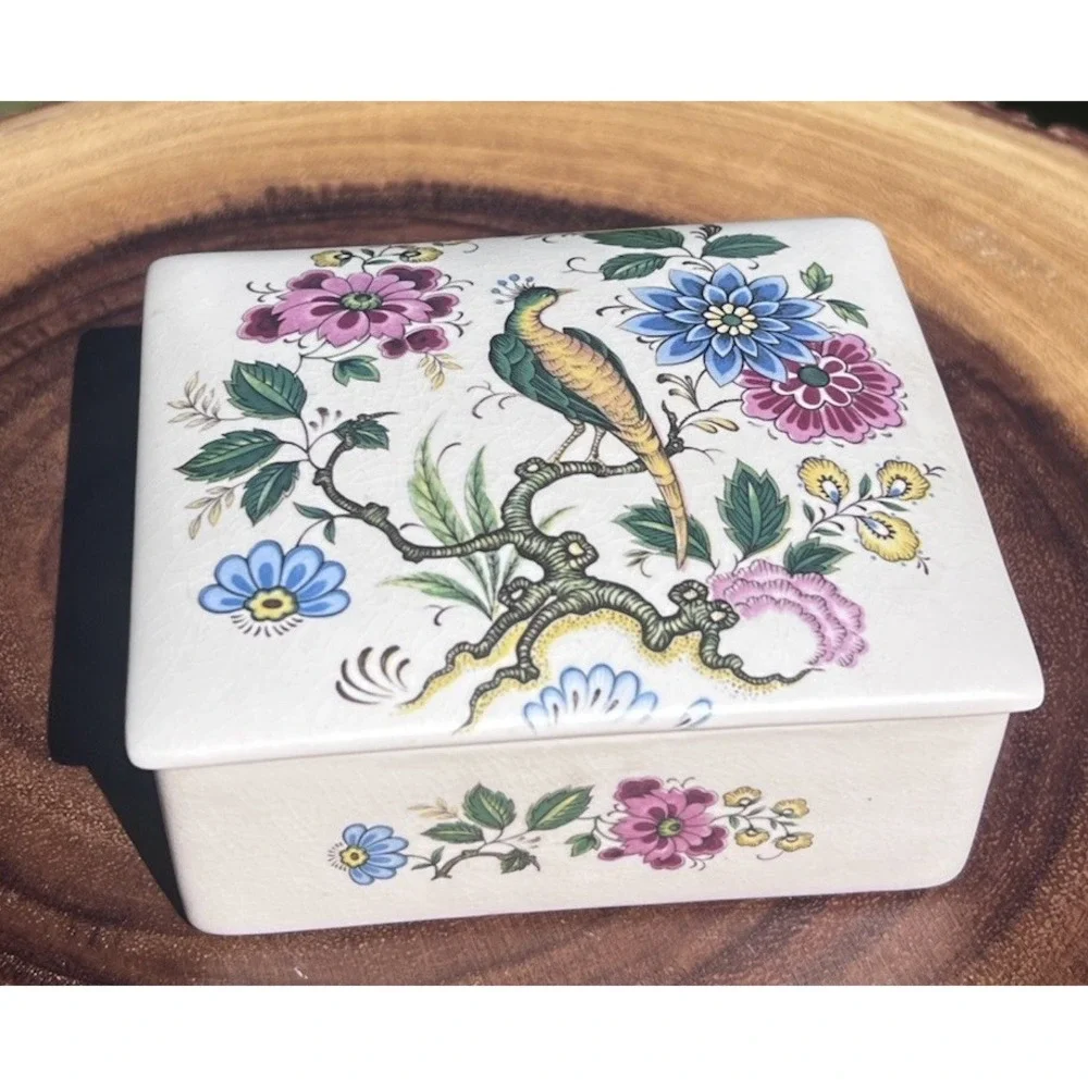 Vintage Purbeck Ceramics Swanage England Trinket Box Peacock Floral Chinoiserie